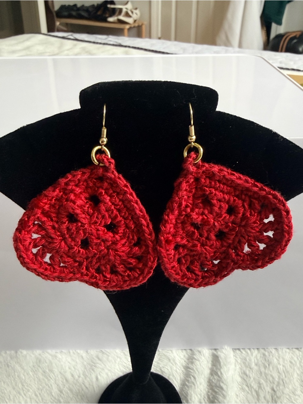 Handmade Crochet Heart Dangle Earrings — Red